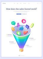 Sales funnel isometric landing page, web banner vector