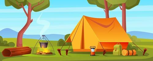 Summer camp in forest with bonfire, tent, backpack vector