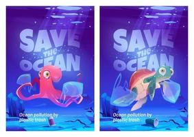 Save ocean cartoon posters with underwater animals vector