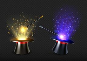 Magic wand and magician hat with spell light vector