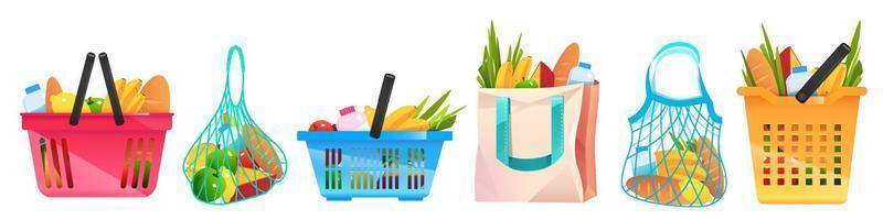 Eco bags net, paper and cotton shopping containers vector