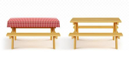 Wooden picnic table with benches and tablecloth vector