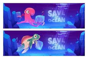 Save ocean cartoon banners with underwater animals vector