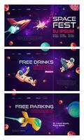 Space dj fest banners with astronaut and spaceship vector