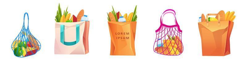 Net, cotton and paper shopping bags with grocery vector