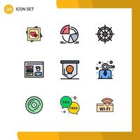 Mobile Interface Filledline Flat Color Set of 9 Pictograms of id profile analytics account ship wheel Editable Vector Design Elements