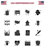 Modern Set of 16 Solid Glyphs and symbols on USA Independence Day such as american cowboy day usa fly Editable USA Day Vector Design Elements