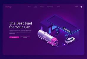 Gas station isometric landing page, cars refueling vector