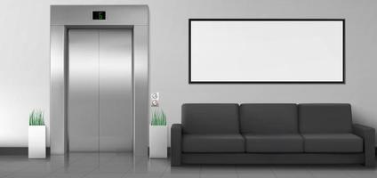 vestíbulo de la oficina con ascensor, sofá y afiche blanco vector