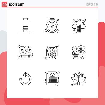 Mobile Interface Outline Set of 9 Pictograms of call dollar data cloud coins piano Editable Vector Design Elements