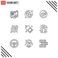 Mobile Interface Outline Set of 9 Pictograms of sale tag marketing graduation market spanner Editable Vector Design Elements