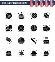Pack of 16 USA Independence Day Celebration Solid Glyphs Signs and 4th July Symbols such as star flag basketball american ball rugby Editable USA Day Vector Design Elements