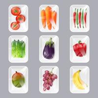 Plastic trays with fresh fruits and vegetables vector