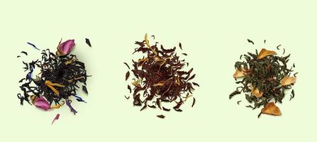 Tea heaps top view, assortment of dry leaves set vector