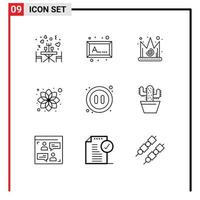 Set of 9 Modern UI Icons Symbols Signs for pause audio crown relax flower Editable Vector Design Elements