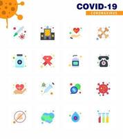 paquete de iconos covid19 de coronavirus de 16 colores planos, como esqueleto de jarabe, pulsos cruzados, elementos de diseño de vector de enfermedad de coronavirus viral 2019nov