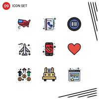 Mobile Interface Filledline Flat Color Set of 9 Pictograms of mobile plane find airport maps Editable Vector Design Elements