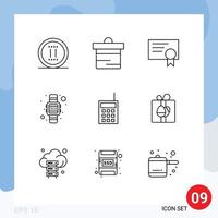 Pack of 9 creative Outlines of radio devices certificate hand watch time Editable Vector Design Elements