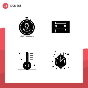Set of 4 Vector Solid Glyphs on Grid for fast cooking timer audiotape food Editable Vector Design Elements