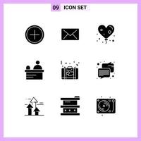 Modern Set of 9 Solid Glyphs Pictograph of romance briefcase balloon bag ticket Editable Vector Design Elements