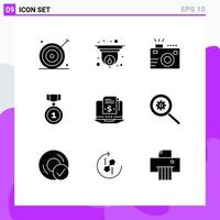 Mobile Interface Solid Glyph Set of 9 Pictograms of position badges information best photography Editable Vector Design Elements
