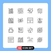 Group of 16 Modern Outlines Set for blueprint up operation arrows fathers day Editable Vector Design Elements