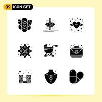 Set of 9 Vector Solid Glyphs on Grid for pram baby science baby carriage printing Editable Vector Design Elements