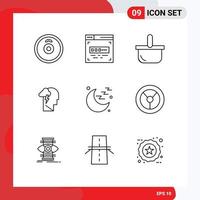 Pack of 9 Modern Outlines Signs and Symbols for Web Print Media such as wheel moon holiday medical mind Editable Vector Design Elements