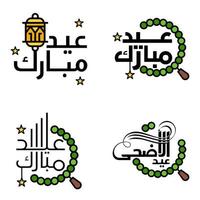 paquete moderno de 4 eidkum mubarak árabe tradicional tipografía kufic cuadrada moderna texto de saludo decorado con estrellas y luna vector