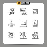 Mobile Interface Outline Set of 9 Pictograms of mobile record locker camera navigation Editable Vector Design Elements