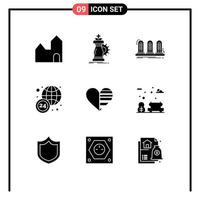 Pack of 9 Modern Solid Glyphs Signs and Symbols for Web Print Media such as heart news success world wide sound Editable Vector Design Elements