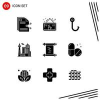 Modern Set of 9 Solid Glyphs Pictograph of history landmark cup building hook Editable Vector Design Elements