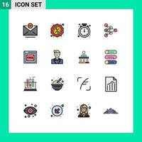 interfaz móvil conjunto de líneas llenas de color plano de 16 pictogramas de tecnología de acceso libre datos de reloj elementos de diseño de vectores creativos editables profundos