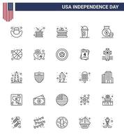 Set of 25 Vector Lines on 4th July USA Independence Day such as money dollar drum states american Editable USA Day Vector Design Elements