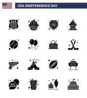 Set of 16 Modern Solid Glyphs pack on USA Independence Day baseball thanksgiving police sweet dessert Editable USA Day Vector Design Elements