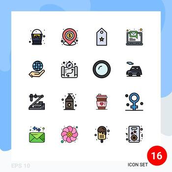 conjunto de líneas llenas de color plano de interfaz móvil de 16 pictogramas de ubicación de correo electrónico de notificación elementos de diseño de vector creativo editable estrella de computadora