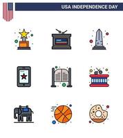 Modern Set of 9 Flat Filled Lines and symbols on USA Independence Day such as doors ireland monument cell mobile Editable USA Day Vector Design Elements