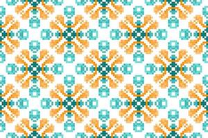 Ikat ethnic seamless pattern decoration design. Aztec fabric carpet boho mandalas textile decor wallpaper. Tribal native motif ornaments traditional embroidery vector background pixel style