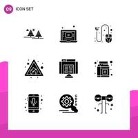 Pack of 9 Modern Solid Glyphs Signs and Symbols for Web Print Media such as sign fire music alert mouse Editable Vector Design Elements