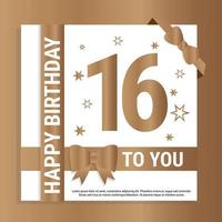 Happy 16th Birthday. Gold numerals and glittering gold ribbons. Festive background. Decoration for party event, greeting card and invitation, design template for birthday celebration. Eps10 Vector