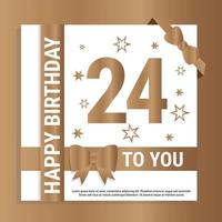 Happy 24th Birthday. Gold numerals and glittering gold ribbons. Festive background. Decoration for party event, greeting card and invitation, design template for birthday celebration. Eps10 Vector