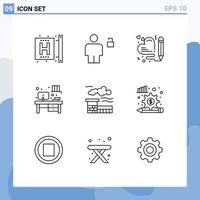 Pictogram Set of 9 Simple Outlines of factory office padlock desk pen Editable Vector Design Elements