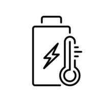 acumulador ecológico con icono de línea de temperatura fría o caliente. batería con símbolo de contorno de energía de reciclaje de termómetro. pictograma lineal de energía eléctrica verde. trazo editable. ilustración vectorial aislada. vector