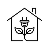 Natural Home with Green Energy Line Icon. Eco House with Leaf and Plug Pictogram. Ecology Real Estate Building Outline Icon. Environment Conservation. Editable Stroke. Isolated Vector Illustration.