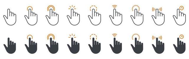 Hand with Finger Digital Mouse Click Line and Silhouette Icon Set. Cursor Computer Pointer Sign. Website App Press Tap Link Choice Button Internet Interface Symbol. Isolated Vector Illustration.