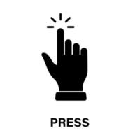 Press Gesture, Hand Cursor for Computer Mouse Black Silhouette Icon. Click Double Tap Touch Swipe Point on Cyberspace Website Sign. Pointer Finger Glyph Pictogram. Isolated Vector Illustration.