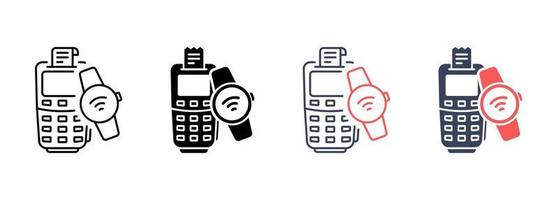 conjunto de iconos de línea y silueta de pago inalámbrico de smartwatch y terminal bancaria. pague con un reloj inteligente por el pictograma de compra. pos y colección de símbolos de pulsera electrónica. ilustración vectorial aislada. vector