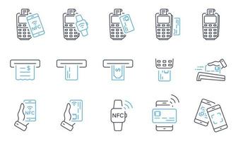 POS Pay Transaction by Mobile Phone, Smart Watch, Credit Card Pictogram. NFC Technology Wireless Payment on Terminal Line Icon Set. ATM Money Withdraw. Editable Stroke. Isolated Vector Illustration.