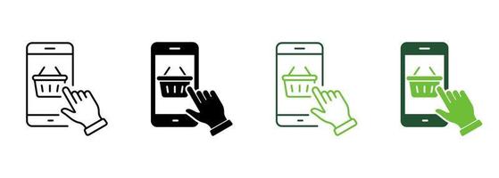 Online Shop in Mobile App Silhouette and Line Icon. Sale Basket and Cellphone Pictogram. Smartphone and Shopping Cart Icon. Digital Shop in Smart Phone. Editable Stroke. Isolated Vector Illustration.