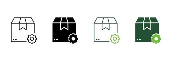 Parcel Box with Gear Silhouette and Line Icon. Shipping Order Carton Pack Pictogram. Delivery Service Setting Cogwheel and Cardboard Packaging Symbol. Editable Stroke. Isolated Vector Illustration.